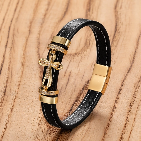 Pulsera de Cruz de Acero Inoxidable para Hombre Cuerda de Cuero Hecha a Mano Religiosa Strass Punk Joyería Con Cierre Magnético Regalo