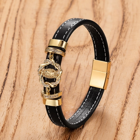 Pulsera de Cuero Religiosa Punk para Hombre de Acero Inoxidable con Cierre Magnético Virgen María San Benito León Zirconia Incrustada