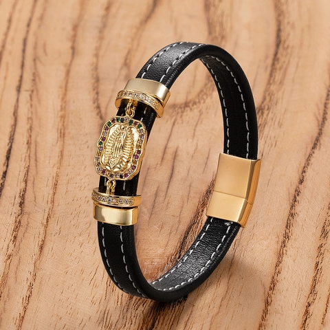 Pulsera de Cuero Religiosa Punk para Hombre de Acero Inoxidable con Cierre Magnético Virgen María San Benito León Zirconia Incrustada