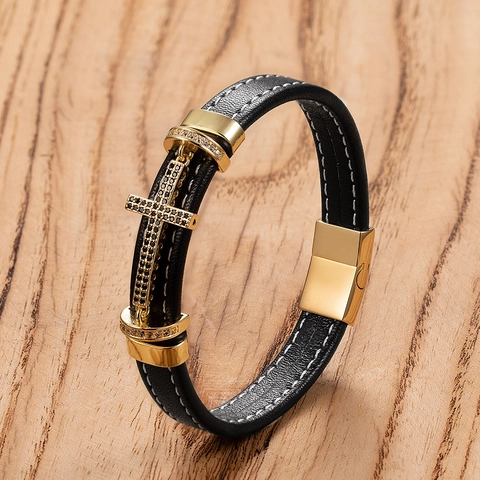 Pulsera de Cuero con Cruz para Hombre de Acero Inoxidable Incrustada de Zirconia Pulsera Trenzada Joyería de Estilo Punk Religioso Oro Plata