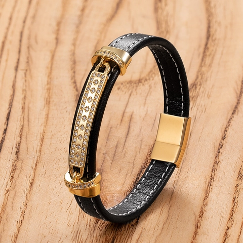 Pulsera de Cuero de Moda para Hombre Cierre Magnético de Acero Inoxidable Circón Incrustado Cuerda Trenzada Joyería Regalo
