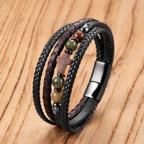 Pulsera de Cuero Trenzado Multicapa Vintage Para Hombre Cierre Magnético de Acero Inoxidable Colgante de Cruz de Piedra Natural