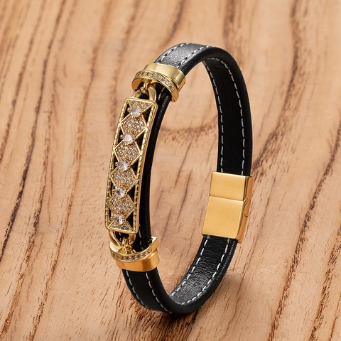 Pulsera de Cuero de Moda para Hombre Cierre Magnético de Acero Inoxidable Circón Incrustado Cuerda Trenzada Joyería Regalo