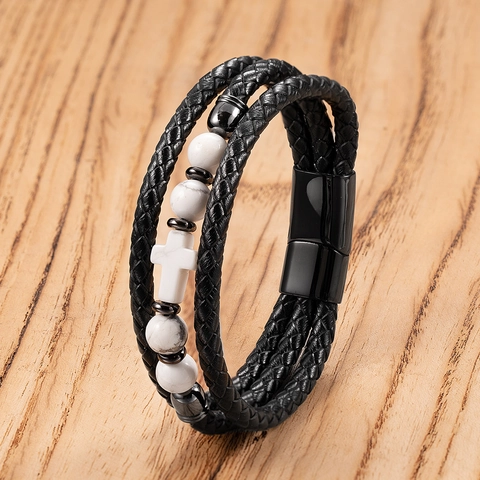 Pulsera de Cuero Trenzado para Hombre Cierre Magnético de Acero Inoxidable Multicapa Cuentas de Piedra Cruz Joyería