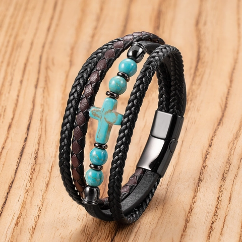 Pulsera de Cuero Trenzado Multicapa Vintage Para Hombre Cierre Magnético de Acero Inoxidable Colgante de Cruz de Piedra Natural
