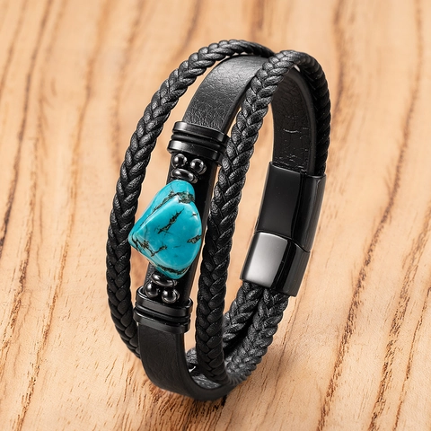 Vintage Men Multilayer Braided Leather Bracelet Synthetic Turquoise Stainless Steel Magnetic Clasp Western Jewelry