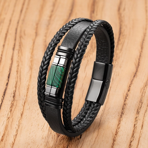 Pulsera de Cuero Trenzado Multicapa para Hombre Con Cierre Magnético de Acero Inoxidable Vintage Punk Cordón Joyería con Incrustaciones