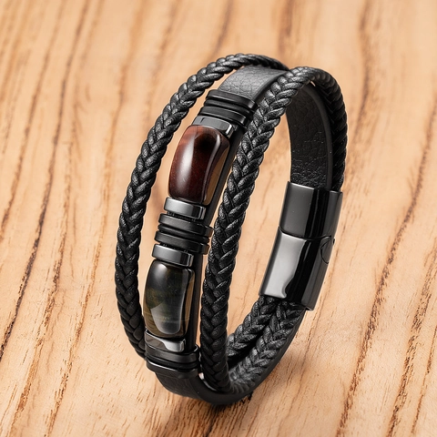 Herren Vintage Mehrschichtiges Lederarmband Mit Edelstahl Magnetverschluss Natürlicher Tigerauge Stein Geflochtener Handgefertigter Schmuck