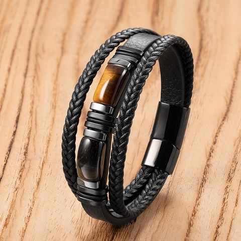 Herren Vintage Mehrschichtiges Lederarmband Mit Edelstahl Magnetverschluss Natürlicher Tigerauge Stein Geflochtener Handgefertigter Schmuck