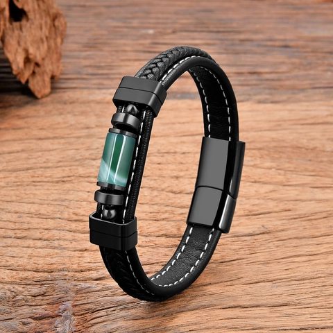 Pulsera de Cuero Trenzado de Acero Inoxidable Vintage Con Piedra Natural Ágata Cierre Magnético Joyería Hombre Mujer