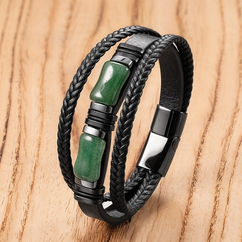 Pulsera de Hombre Multicapa de Cuero Trenzado y Piedra Natural Cierre Magnético de Acero Inoxidable Joyería de Moda Retro