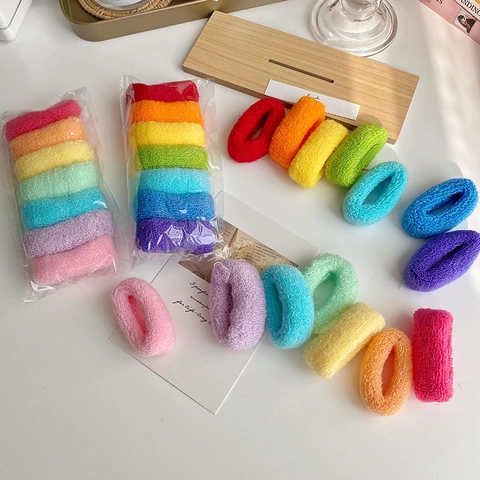 Nylon Frottier Haargummis Regenbogen Macaron Farbe Hohe Elastizität Pferdeschwanz Halter Für Damen Mädchen Kinder Haarschmuck