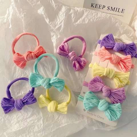Gradient Macaron Color Bowknot Elastic Hair Ties For Girls Soft Fabric Ribbon Hair Bands Sweet Hair Accessories For Kids