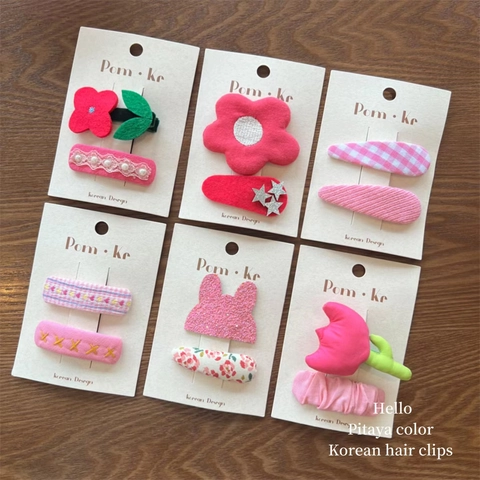 Korean Style Pitaya Color Fabric Flower Hair Clips For Kids Cute Sweet Pink Red Floral Stars Rabbit Embroidery Hairpins Girls Hair Accessories