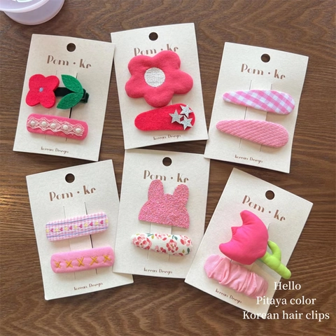 Korean Style Pitaya Color Fabric Flower Hair Clips For Kids Cute Sweet Pink Red Floral Stars Rabbit Embroidery Hairpins Girls Hair Accessories