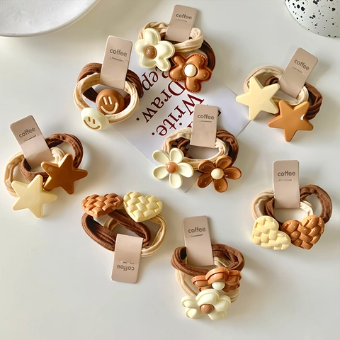 Koreanischer Stil Kaffeetöne Hochelastische Haargummis Set Süße Stern Blume Herz Smiley Gesicht Dekor Haarbänder Damen Kinder Schmuck