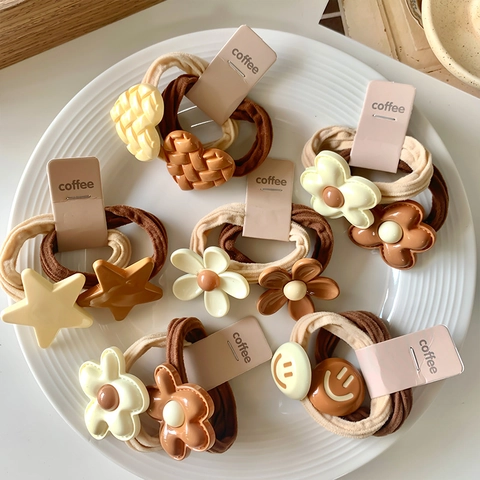 Koreanischer Stil Kaffeetöne Hochelastische Haargummis Set Süße Stern Blume Herz Smiley Gesicht Dekor Haarbänder Damen Kinder Schmuck