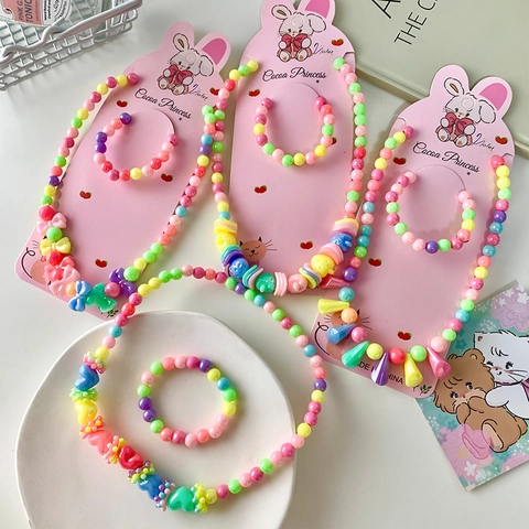Kids Cartoon Beaded Jewelry For Little Girls Colorful Plastic Resin Heart Rabbit Strawberry Bowknot Necklace Bracelet Princess Accessories