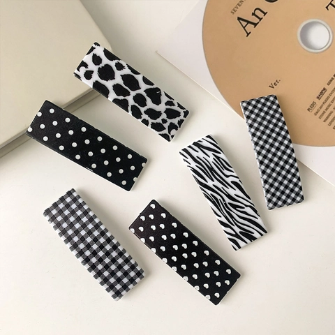 Semplici Fermagli per Capelli Rettangolari con Motivo Bianco e Nero per Donna Moda Zebra Stampa Mucca Cuore Pois Griglia Clip BB Pendolare Accessori per Capelli