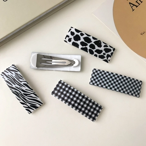 Semplici Fermagli per Capelli Rettangolari con Motivo Bianco e Nero per Donna Moda Zebra Stampa Mucca Cuore Pois Griglia Clip BB Pendolare Accessori per Capelli