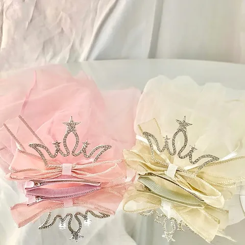 Meisjes Prinses Kroon Sluier Haarclip Legering Strass Gaas Strik Zoet Verjaardag Feest Haaraccessoires Voor Kinderen
