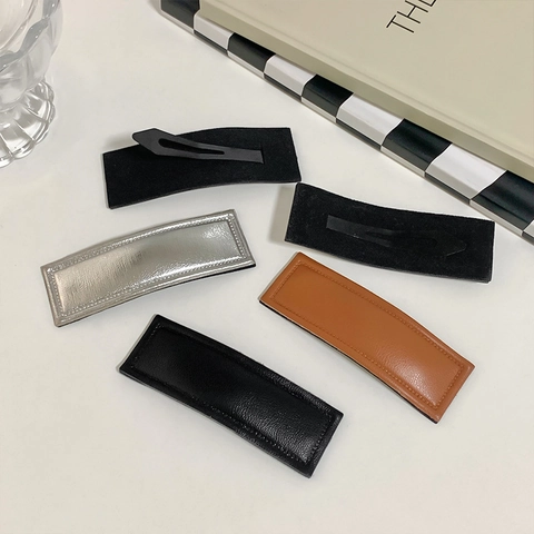 Minimalist Rectangular PU Leather Wrapped Hair Clip For Women Retro Stitching Bangs Side Clip Elegant Solid Color Hair Accessories