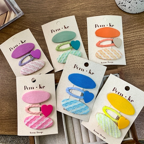 3 Stk Kinder Stoff Herz Haarspangen Set Koreanischen Stil Bonbonfarben Oval BB Snap Clips Für Mädchen Haarschmuck Accessoires