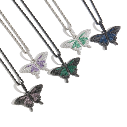 Hip Hop Iced Out Vlinder Hanger Ketting Voor Mannen Vrouwen Koper Zirconia Ingelegd Bling Sieraden Touw Ketting Cadeau