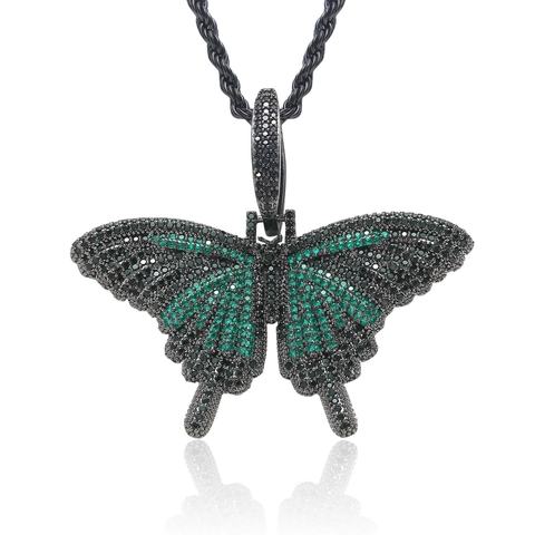 Hip Hop Iced Out Vlinder Hanger Ketting Voor Mannen Vrouwen Koper Zirconia Ingelegd Bling Sieraden Touw Ketting Cadeau