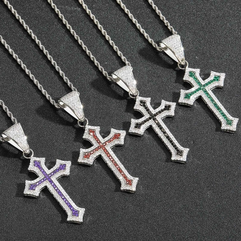 Hip Hop Brass Cross Pendant Necklace With Stainless Steel Rope Chain Micro Pave Cubic Zirconia Rhodium Plated Streetwear Jewelry For Men Women