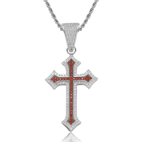 Hip Hop Brass Cross Pendant Necklace With Stainless Steel Rope Chain Micro Pave Cubic Zirconia Rhodium Plated Streetwear Jewelry For Men Women