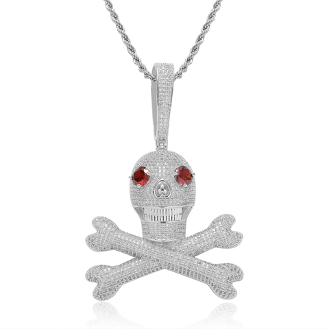 Collana con Ciondolo Teschio e Tibie con Occhi Rossi Hip Hop Zirconia Lucida Rame Placcato Oro Argento Gioielli Uomo