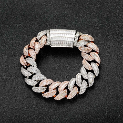 Bracciale Catena Cubana Hip Hop Iced Out Rame Bicolore Zirconia Baguette Uomo Donna Bracciale a Maglie Pesanti Gioielli di Tendenza