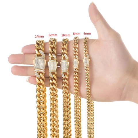 Hip Hop Stainless Steel Cuban Link Chain Necklace For Men Women Gold Silver Plated Zirconia Micro Pave Clasp Jewelry Gift
