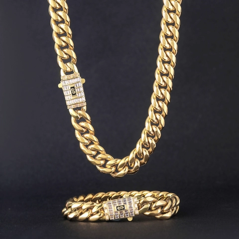 Collana a Catena a Maglie Cubane in Acciaio Inossidabile Hip Hop Per Uomo Oro Acciaio Strass Chiusura Pavé Gioielli Moda