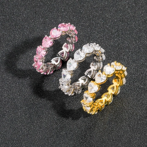 Hip Hop Heart Pink Zirconia Eternity Ring For Men Women Copper Gold Silver Plated Heart Shaped Zirconia Finger Ring Jewelry