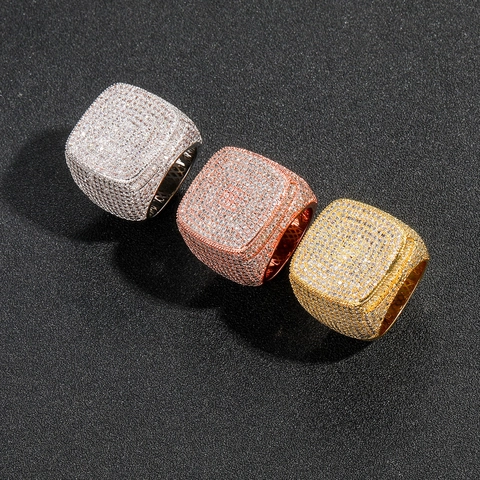 Hiphop Anello Quadrato Iced Out Uomo Zirconia 5A Ottone Micro Pavè Oro Argento Oro Rosa Placcato Gioielli per Festa
