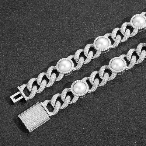 Luxury Cuban Link Bracelet Zirconia Artificial Pearl Inlaid Copper Hip Hop Jewelry For Unisex Men Women Gold Silver Plated