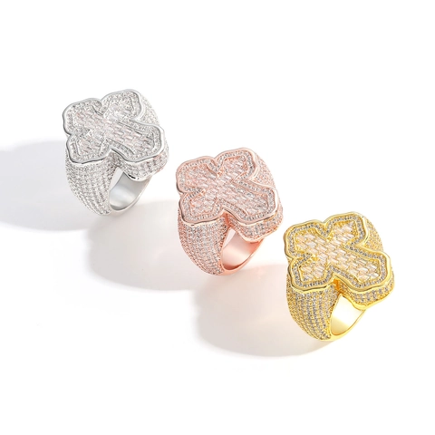 Anello Croce Hip Hop per Uomo Rame Intarsiato Zirconia Iced Out Grande Fascia Anello Oro Argento Oro Rosa Gioielli Regalo