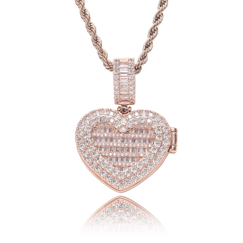 Hip Hop Herz Foto Medaillon Anhänger Halskette Für Herren Damen Kupfer Zirkonia Eingelegt Iced Out Bling Schmuck Mit Kordelkette
