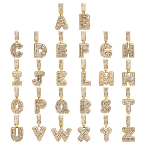Hip Hop 26 Initial Letter Pendant Necklace Iced Out Baguette Zirconia Copper Pave Pendant Stainless Steel Rope Chain Jewelry