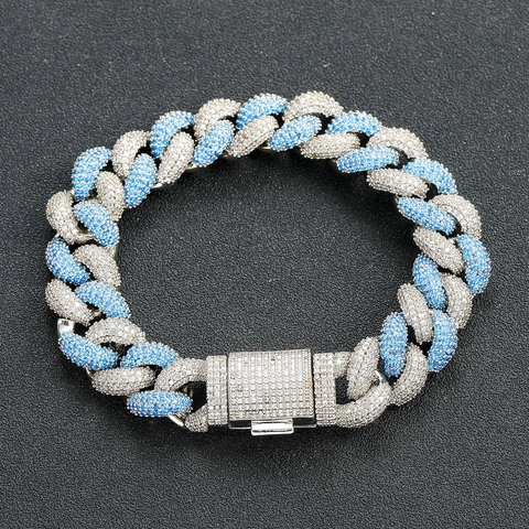 Hip Hop Wide Blue White Zirconia Bubble Cuban Link Bracelet For Men Copper Gold Plated Personalized Iced Out Jewelry