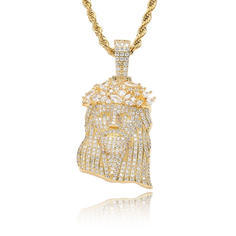 Hip Hop Jezus Portret Hanger Halsketting Voor Heren Dames Micro Zirconia Iced Out Koperen Sieraden Roestvrij Staal Touwketting