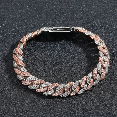 Bracciale Cuban Link Hip Hop Zircone Rosa Bianco Iced Out Doppia Tonalità Catena Di Rame Per Uomo Donna Gioielli Di Lusso