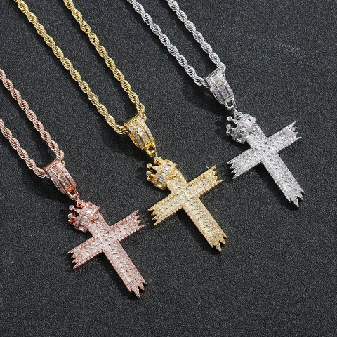 Collana Con Pendente a Croce e Corona Hip Hop Gioielli Streetwear Con Zirconia e Catena a Corda in Acciaio Inossidabile Per Uomo e Donna