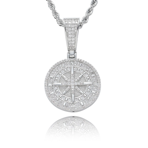 Collana con Ciondolo a Bussola a Stella Hip Hop per Uomo Donna Zirconia Ghiacciata Rame Bussola Rotonda Gioielli Direzionali con Catena a Corda