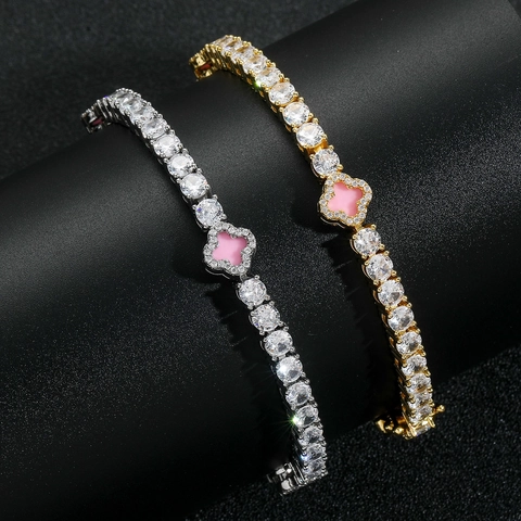 Luxus Kupfer Rosa Kleeblatt Tennis Armband Zirkonia Eingelegt Echtgold Galvanisiert Hip Hop Schmuck Für Damen