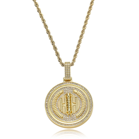 Collar de Colgante de Medalla Redonda de Hip Hop Colgante de Cobre con Zircón Micro Pavé con Cadena de Cuerda de Acero Inoxidable