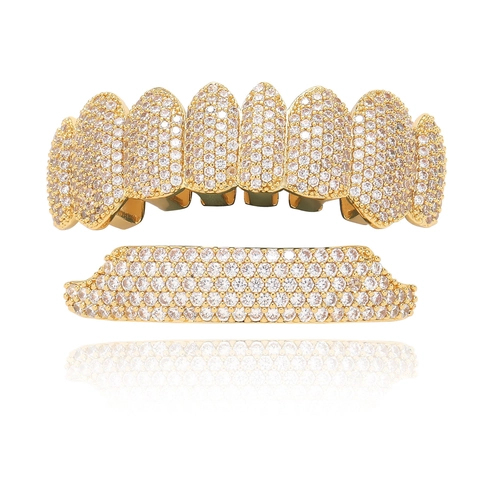 Hip Hop Dental Grills Iced Out Zirconia Copper Real Gold Plated Upper Lower Teeth Grills Halloween Body Jewelry For Unisex