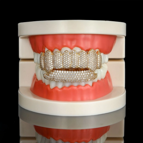 Hip Hop Dental Grills Iced Out Zirconia Copper Real Gold Plated Upper Lower Teeth Grills Halloween Body Jewelry For Unisex